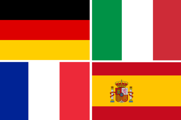 German, Italian, French and Spanish Flags